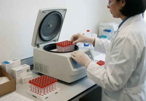 Un professionnel en laboratoire clinique charge des tubes à échantillons dans une centrifugeuse, portant gants, blouse et lunettes de sécurité, dans un espace propre et ordonné.