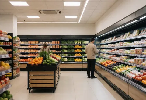 Intérieur d'un minimarché moderne et propre avec des étalages bien organisés, des fruits et légumes frais visibles et un client examinant des produits.
