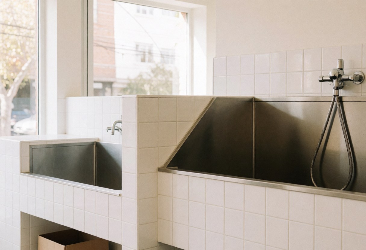 Vue intérieure d'un salon de toilettage pour chiens avec baignoires en acier inoxydable, murs carrelés blancs et lumière naturelle entrant par une fenêtre.