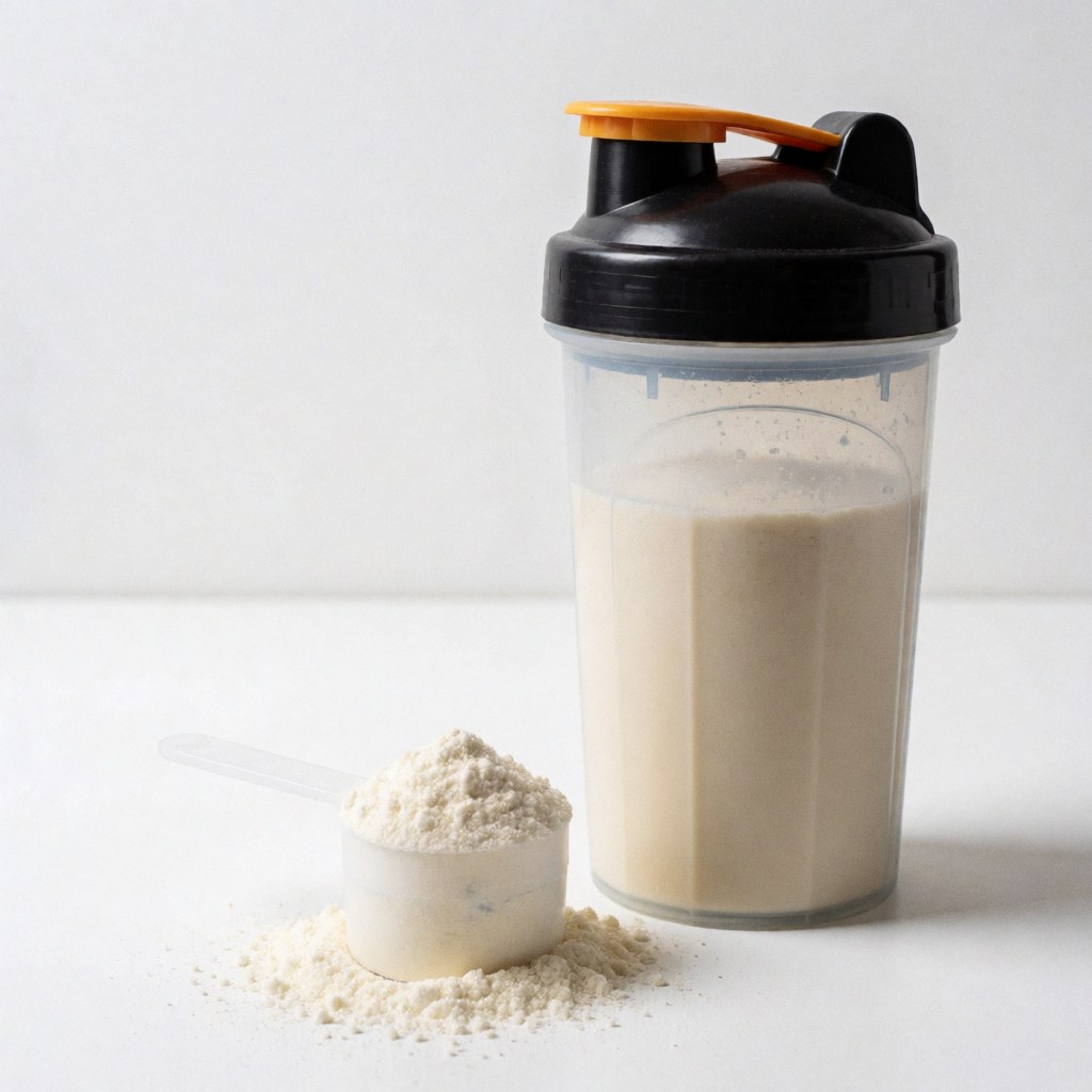 Un shaker rempli d'un shake protéique blanc posé sur une surface blanche, accompagné d'une cuillère contenant de la poudre de protéine pour le fitness et la nutrition.