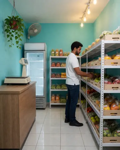 Un propriétaire organise soigneusement les produits sur les étagères de son épicerie ou minimarket, assurant un rangement ordonné pour les clients.