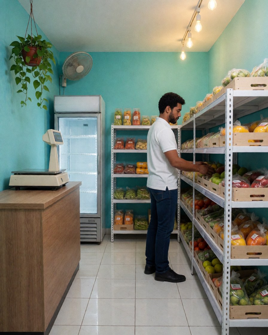 Un propriétaire organise soigneusement les produits sur les étagères de son épicerie ou minimarket, assurant un rangement ordonné pour les clients.