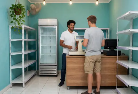 Un vendeur sert un client derrière le comptoir d'un minimarket aux murs turquoise, avec des étagères vides, un réfrigérateur et une plante suspendue.