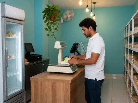 Un homme pèse des produits frais sur une balance placée sur un comptoir dans un magasin d'alimentation.