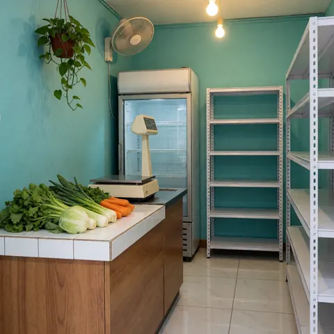 Des légumes frais et propres disposés sur un comptoir en céramique turquoise, évoquant un environnement de vente organisé et hygiénique.