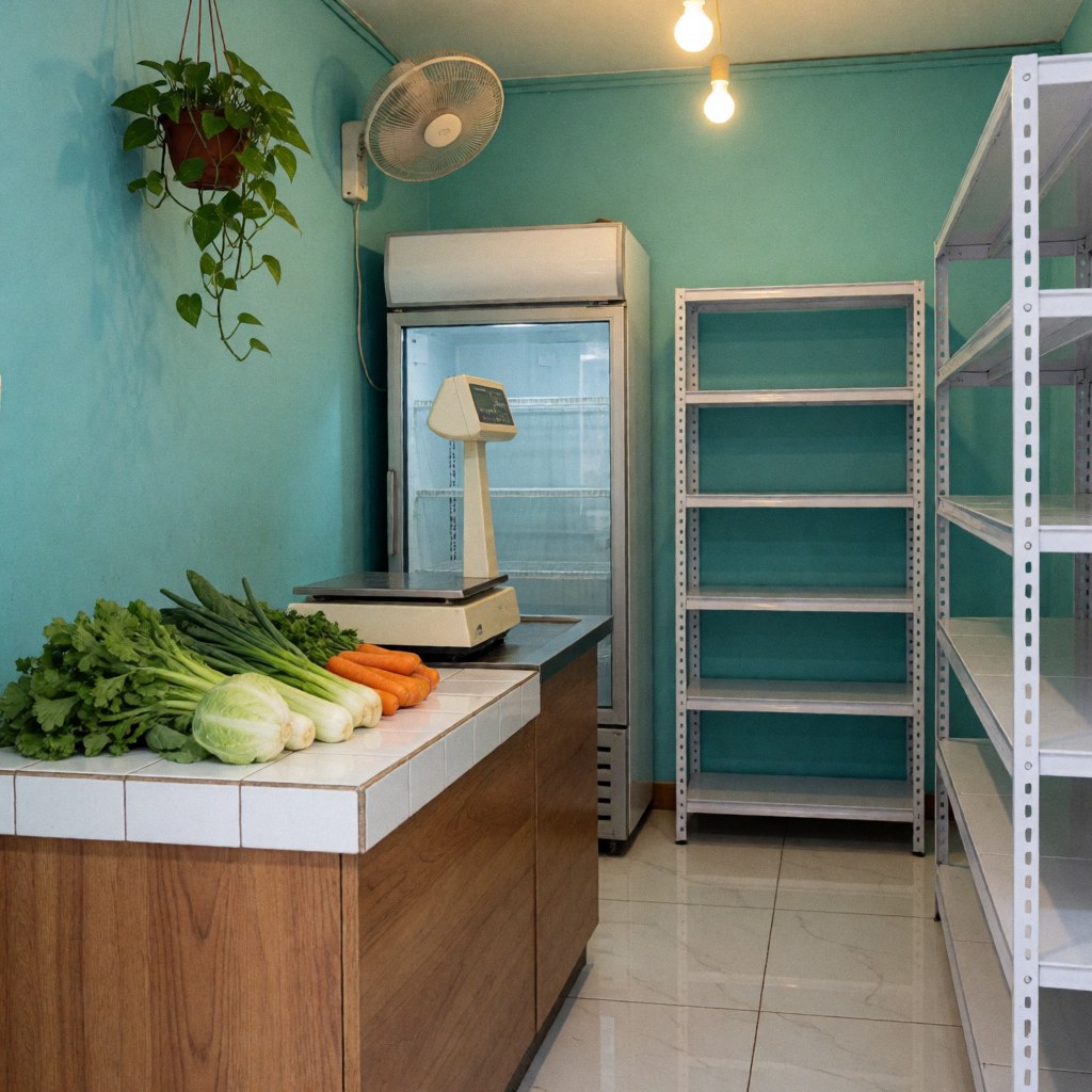 Des légumes frais et propres disposés sur un comptoir en céramique turquoise, évoquant un environnement de vente organisé et hygiénique.
