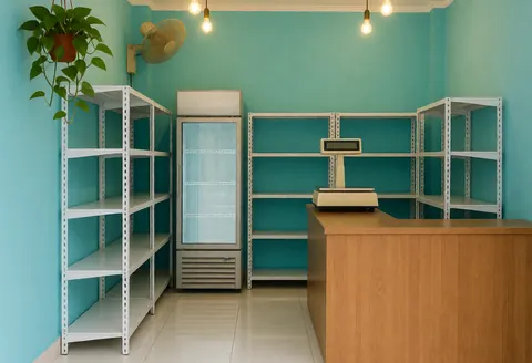 Vue intérieure d'un minimarket vide aux murs turquoise et étagères blanches, équipé d'un réfrigérateur, d'une caisse et d'un comptoir en bois sous un éclairage chaud.