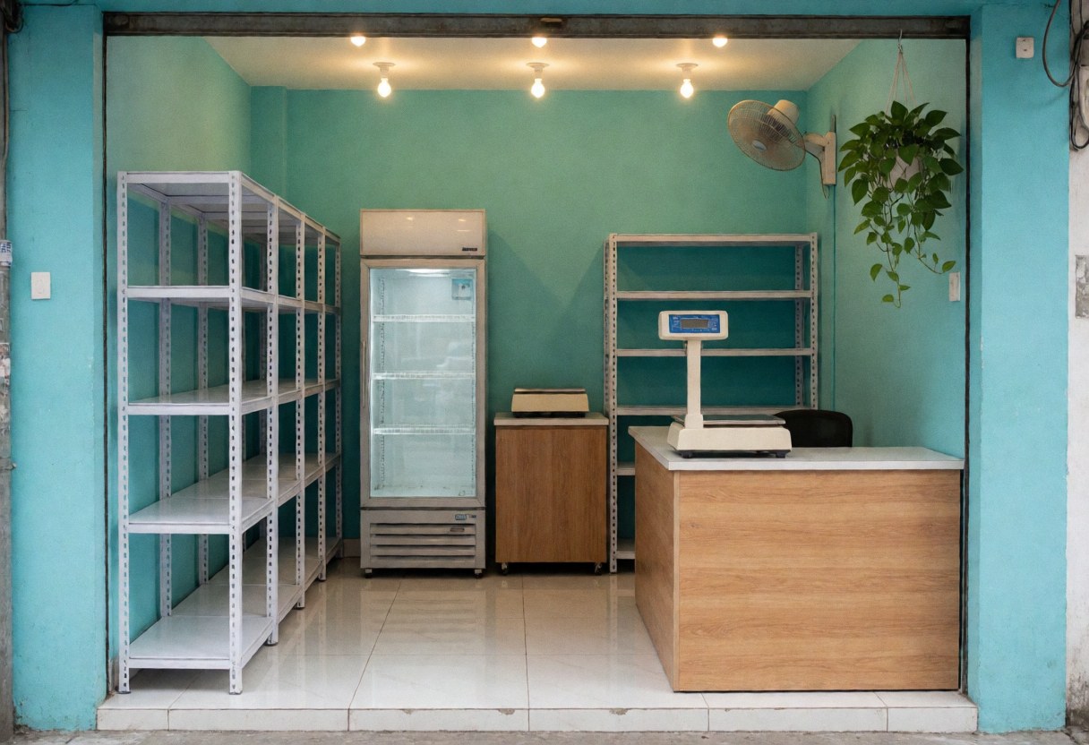 Entrée d'un petit magasin avec murs turquoise, sol blanc, étagères métalliques, réfrigérateur, comptoir en bois et plante suspendue.