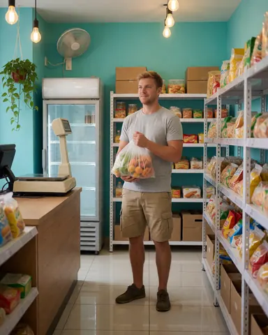 Une cliente heureuse tient un sac rempli de fruits à l'intérieur d'un petit magasin bien éclairé avec des murs turquoise et des étagères.