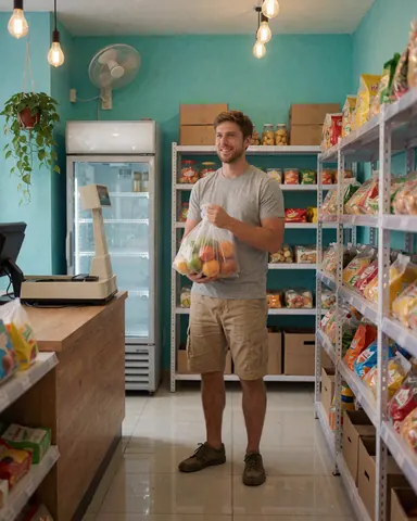 Une cliente heureuse tient un sac rempli de fruits à l'intérieur d'un petit magasin bien éclairé avec des murs turquoise et des étagères.