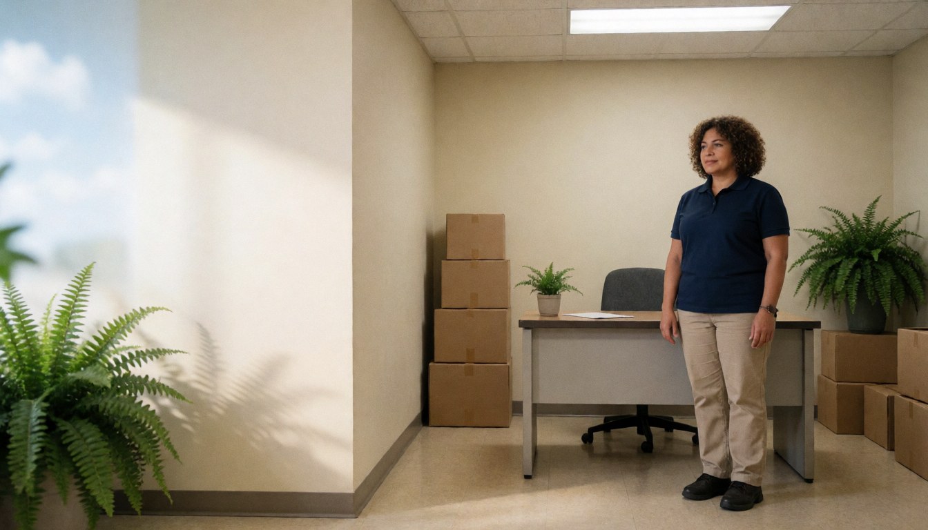 Vue d'un bureau calme et organisé d'une entreprise de déménagement, avec des cartons empilés, un bureau et des plantes vertes.