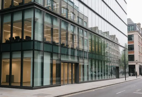 Vue extérieure d'un bâtiment contemporain aux grandes baies vitrées reflétant le ciel nuageux, illustrant un environnement urbain professionnel et épuré.