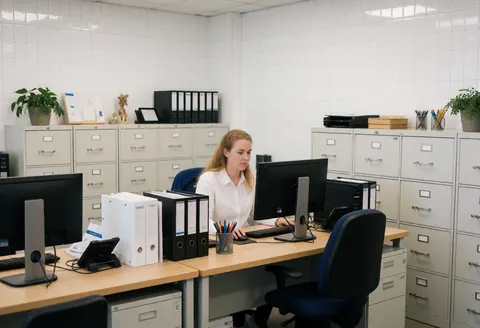 Un employé travaille dans un bureau d'assurance propre et professionnel, entouré d'ordinateurs et d'archivages.