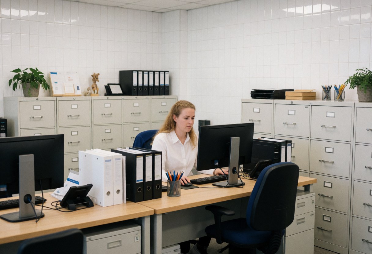 Un employé travaille dans un bureau d'assurance propre et professionnel, entouré d'ordinateurs et d'archivages.