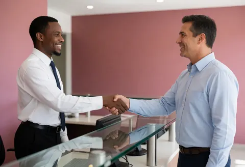 Un agent de service client et un client sourient en se serrant la main dans une réception moderne aux murs roses avec du mobilier en verre et métal.