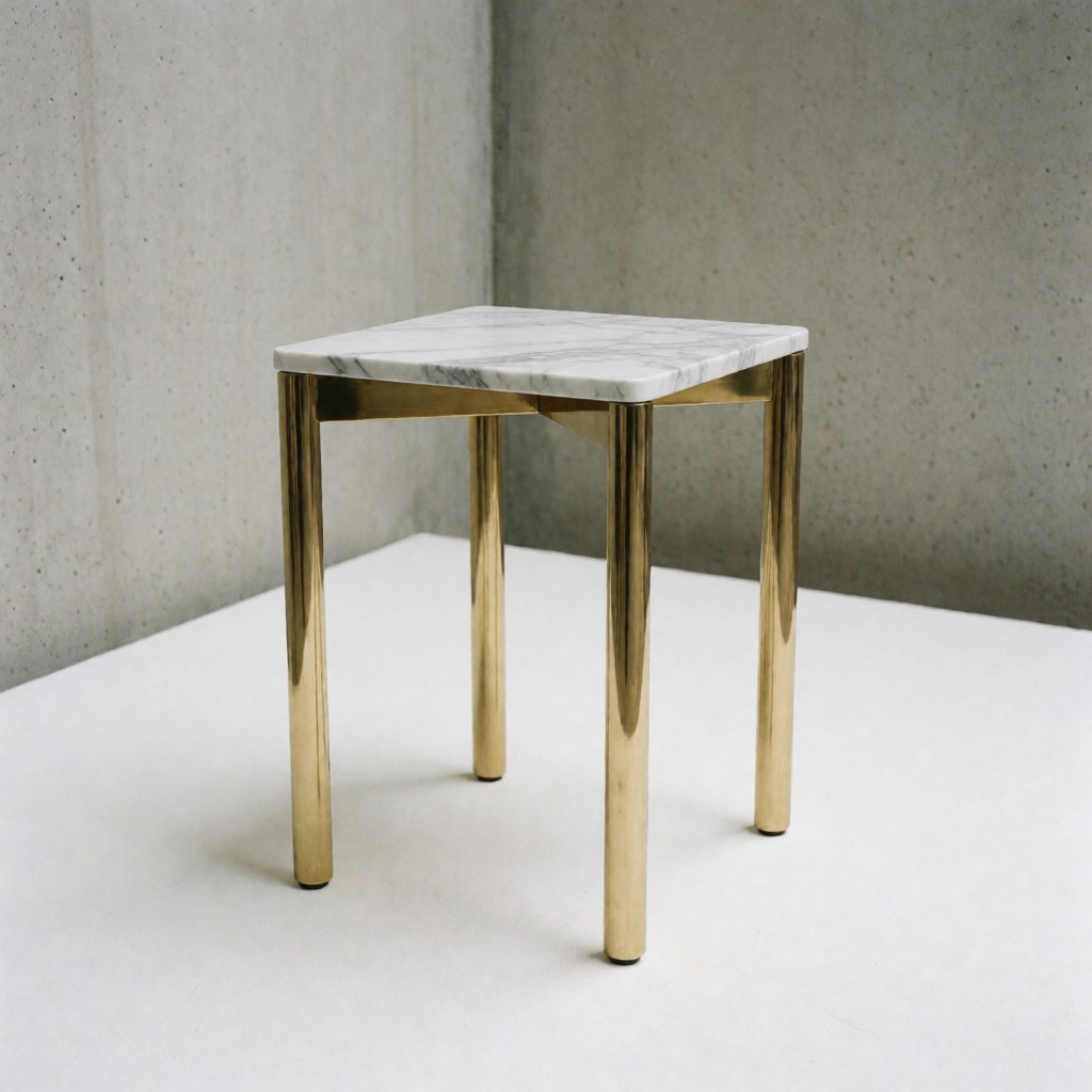 Vue de face d'une table d'appoint moderne en marbre blanc avec des pieds métalliques dorés, idéale pour un intérieur contemporain et élégant.