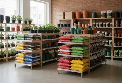 Intérieur d'un magasin de jardinage présentant des étagères remplies de sols colorés, de pots et de plantes, sur un mur en briques avec lumière naturelle.