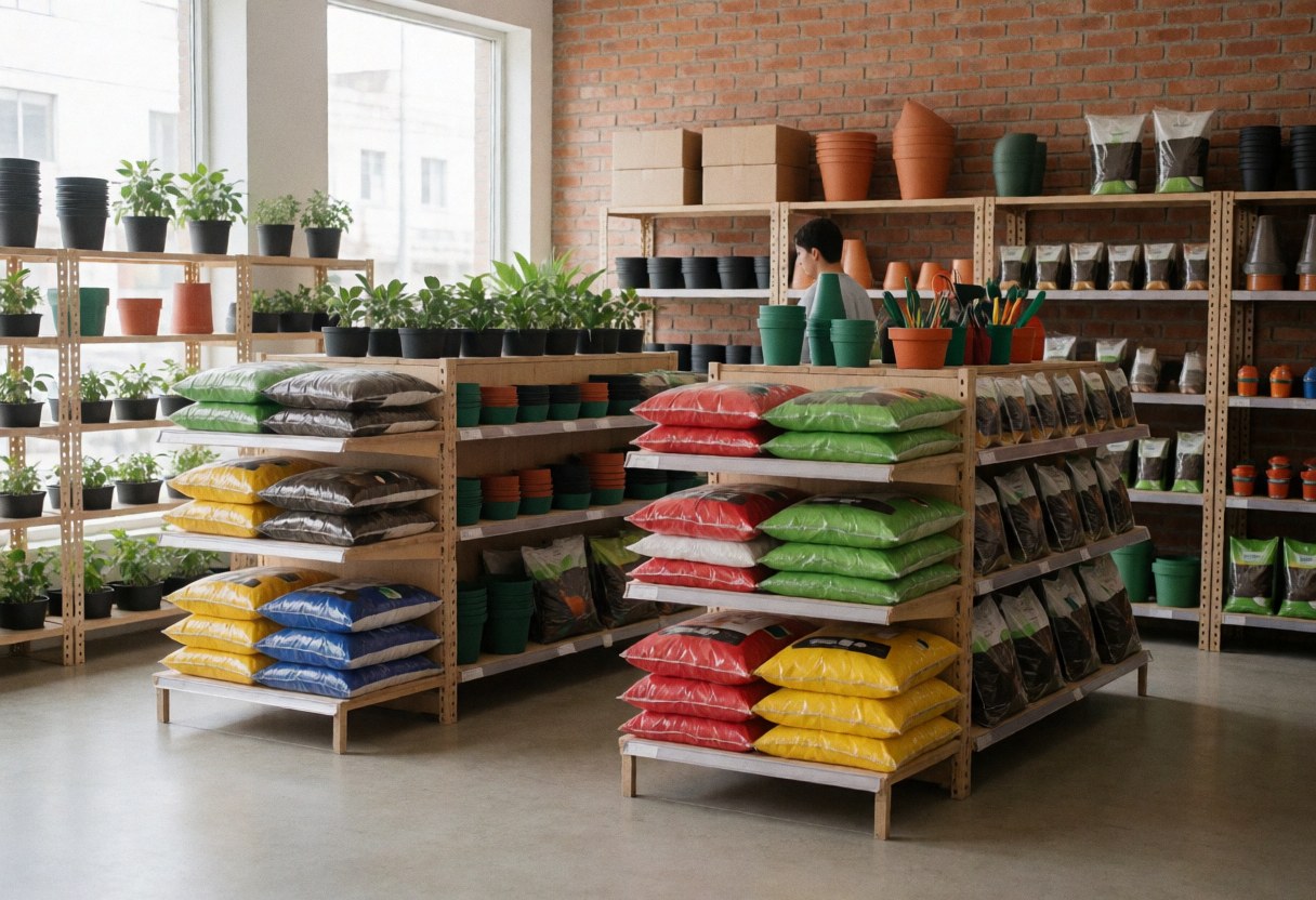 Intérieur d'un magasin de jardinage présentant des étagères remplies de sols colorés, de pots et de plantes, sur un mur en briques avec lumière naturelle.