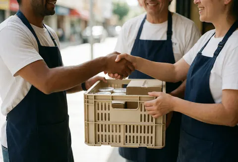 Livraison d'une commande en cours sur une rue, mettant en valeur le service actif et la satisfaction client dans le cadre du commerce de café.