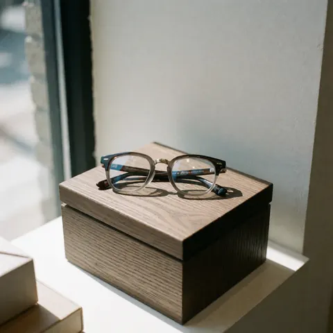 Des lunettes à monture moderne reposent sur une boîte en bois dans une vitrine d'optique, éclairées par la lumière naturelle.
