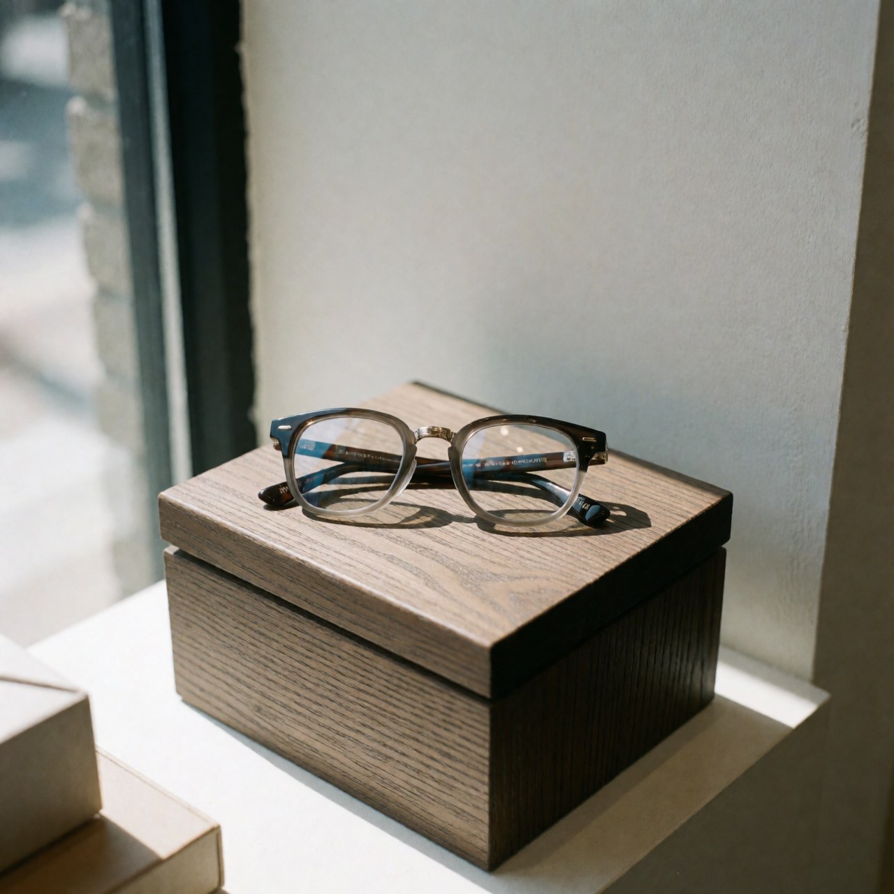 Des lunettes à monture moderne reposent sur une boîte en bois dans une vitrine d'optique, éclairées par la lumière naturelle.