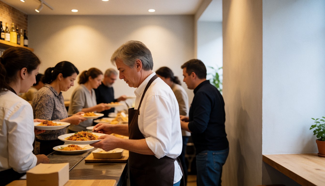 Un cuisinier en tenue professionnelle sert des clients dans un restaurant aux murs clairs et à l'ambiance chaleureuse, avec de la vaisselle et des ustensiles visibles.