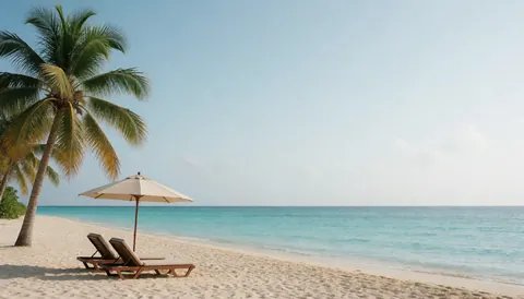 Vue d'une plage tropicale avec des chaises et un parasol sous les palmiers, une eau turquoise et un ciel clair.
