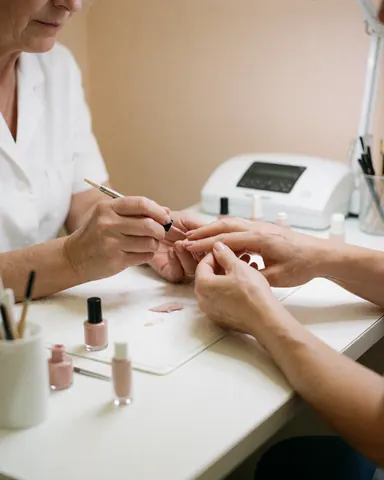 Manucurière appliquant un vernis nude sur les ongles d'une cliente, mains visibles, table propre et ordonnée, lumière vive, ambiance professionnelle et propre.
