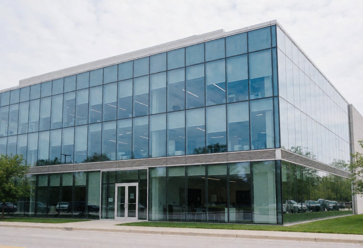 Bâtiment moderne en verre avec une façade épurée reflétant un ciel couvert, adapté aux startups et entreprises technologiques.