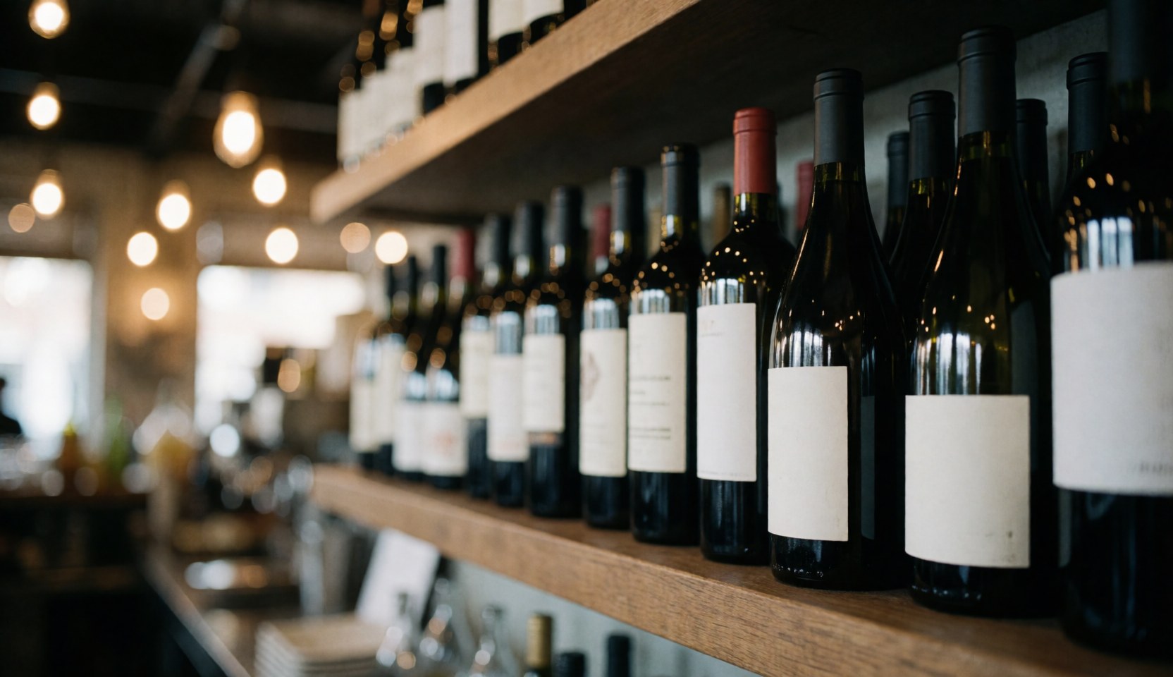 Des bouteilles de vin disposées sur des étagères en bois, baignées d'une lumière chaude et d'un effet bokeh, créant une ambiance relaxante et sophistiquée.