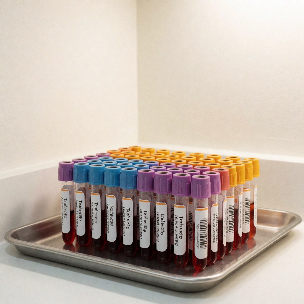 Plusieurs tubes sanguins étiquetés avec codes-barres, rangés sur un plateau métallique dans un laboratoire clinique propre et stérile aux murs blancs.