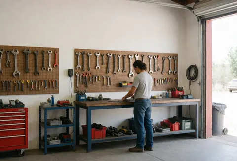 Un technicien travaille sur une table dans un garage aux murs blancs, des outils suspendus, lumière naturelle entrant par la porte.