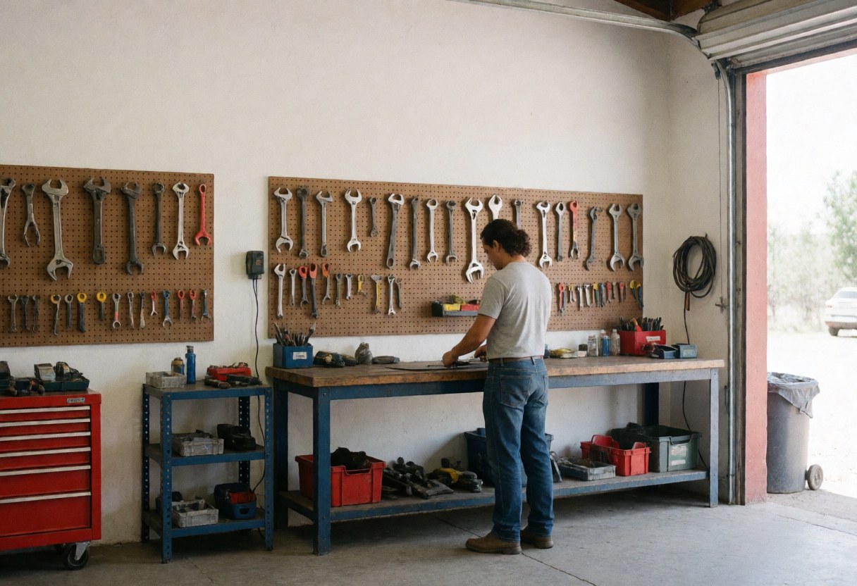Un technicien travaille sur une table dans un garage aux murs blancs, des outils suspendus, lumière naturelle entrant par la porte.