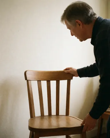 Un homme adulte observe une chaise en bois fabriquée à la main dans un intérieur lumineux avec un mur blanc, illustrant le travail d'artisanat à domicile.