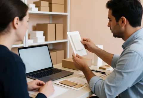 Deux entrepreneurs analysent des échantillons dans un studio ; l'un tient un produit, l'autre utilise un ordinateur, avec des cartons en arrière-plan.