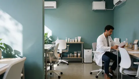 Intérieur d'un bureau médical moderne avec murs bleu-vert, sol poli, chaise, table, documents et équipements de purification de l'air.