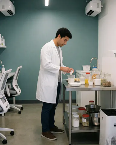 Un nutritionniste en blouse blanche mesure des ingrédients sur une table en acier inoxydable dans une clinique aux murs turquoise, entouré de récipients et de matériel professionnel.