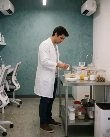 Un nutritionniste en blouse blanche mesure des ingrédients sur une table en acier inoxydable dans une clinique aux murs turquoise, entouré de récipients et de matériel professionnel.