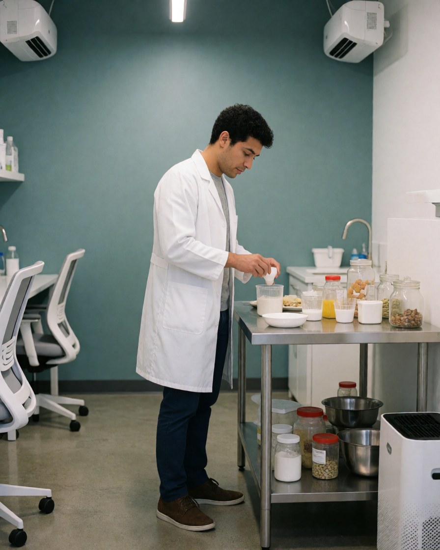 Un nutritionniste en blouse blanche mesure des ingrédients sur une table en acier inoxydable dans une clinique aux murs turquoise, entouré de récipients et de matériel professionnel.