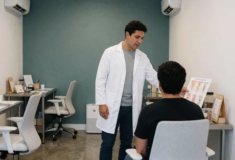 Un nutritionniste en blouse blanche explique un tableau nutritionnel à un client assis dans une clinique moderne.