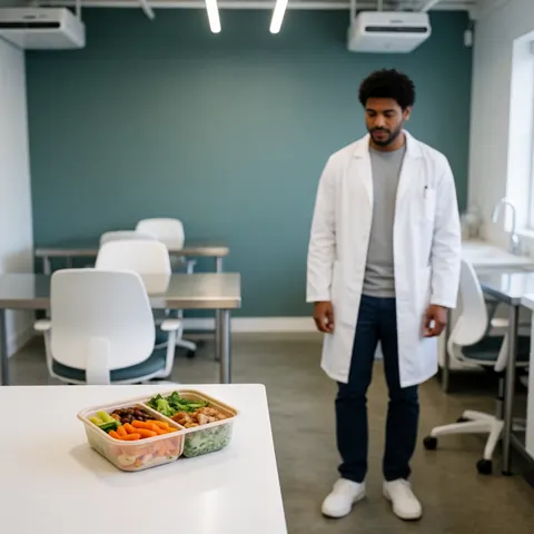 Un plan de repas sain présenté dans un contenant, accompagné de légumes frais et d'une source de protéine, disposé sur une table.