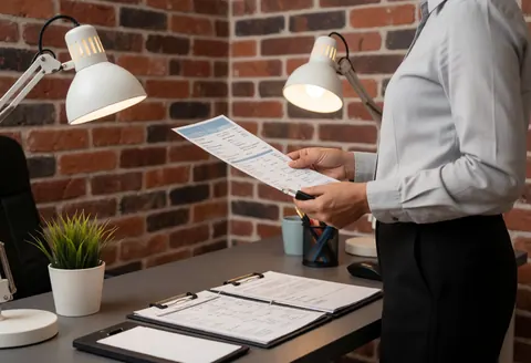 Un agent de voyage examine des documents sur un bureau dans un bureau avec un mur en briques et une lampe de bureau.
