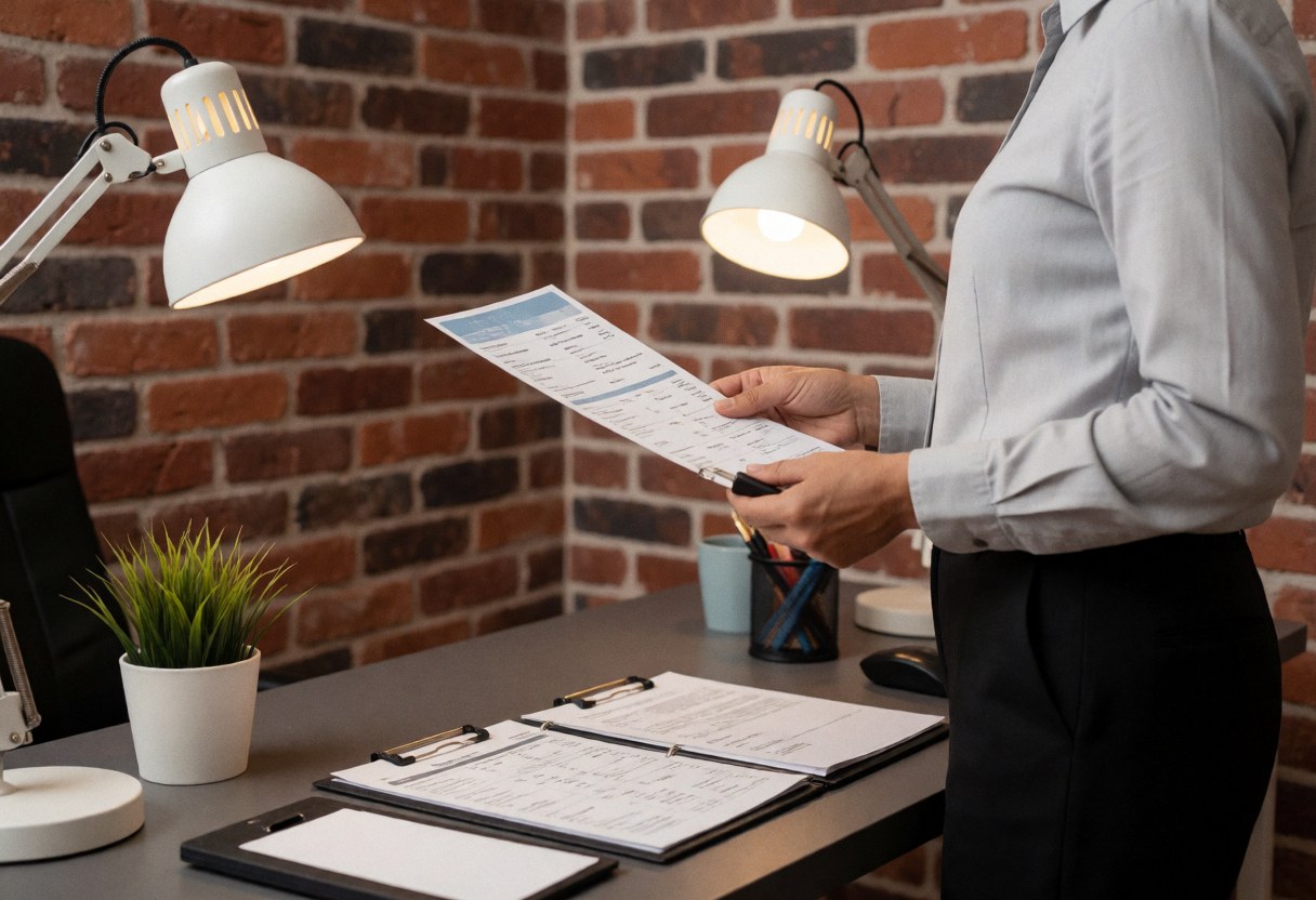 Un agent de voyage examine des documents sur un bureau dans un bureau avec un mur en briques et une lampe de bureau.