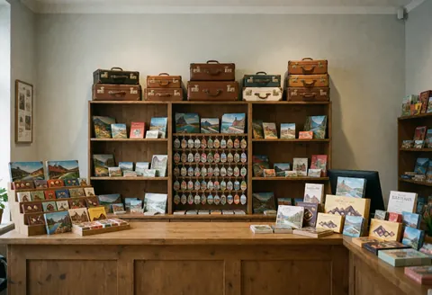 Intérieur d'agence de voyages avec comptoir en bois, valises vintage, porte-clés et livres de voyage. Lumière naturelle, murs gris, ambiance chaleureuse et ordonnée.