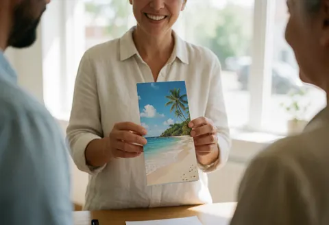 Un agent de tourisme présente un prospectus de vacances en bureau lumineux avec des clients flous en arrière-plan.