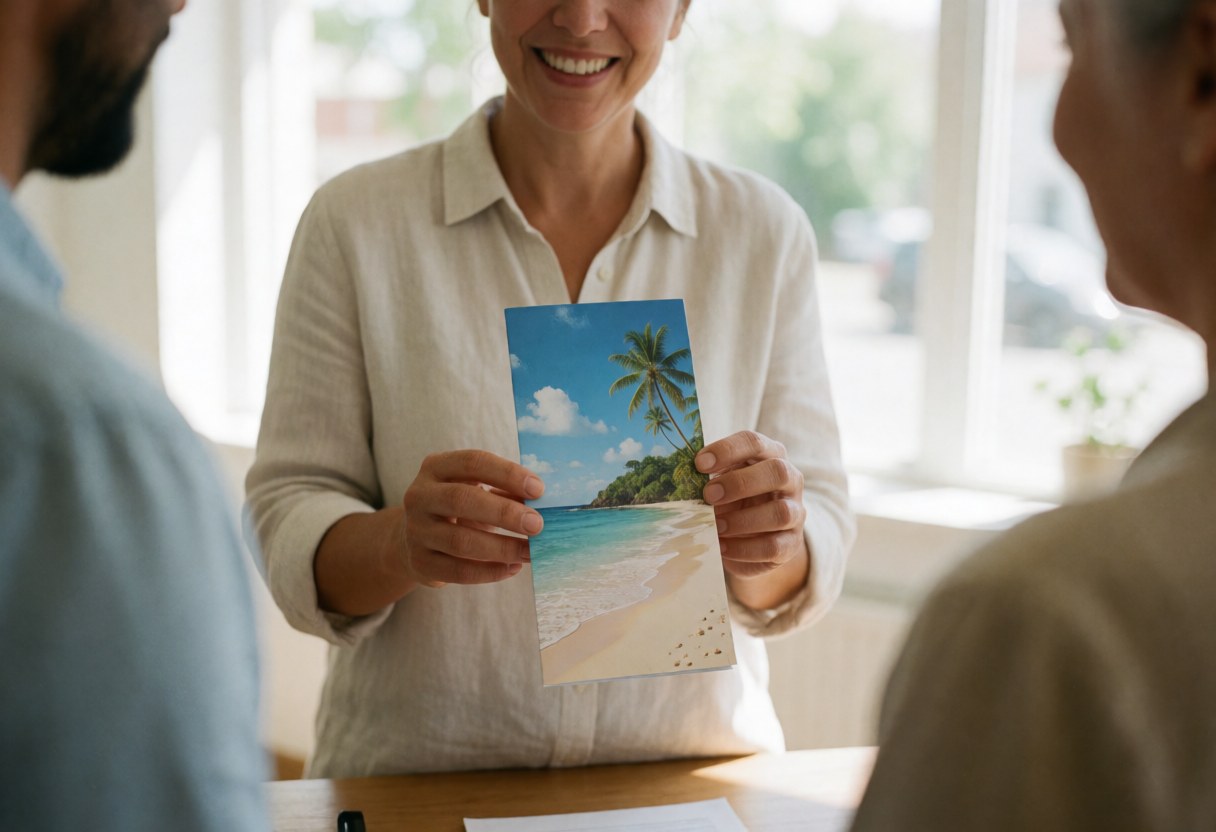 Un agent de tourisme présente un prospectus de vacances en bureau lumineux avec des clients flous en arrière-plan.
