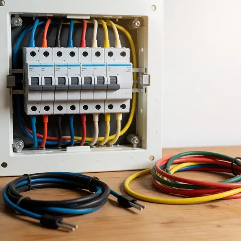 Panneau de circuits électriques avec des câbles de couleurs organisés sur une table en bois, idéal pour les électriciens professionnels.
