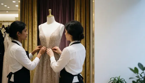 Deux employées d'une boutique de vêtements de luxe règlent une robe de soirée sur un mannequin, devant des rideaux en velours et des détails dorés.