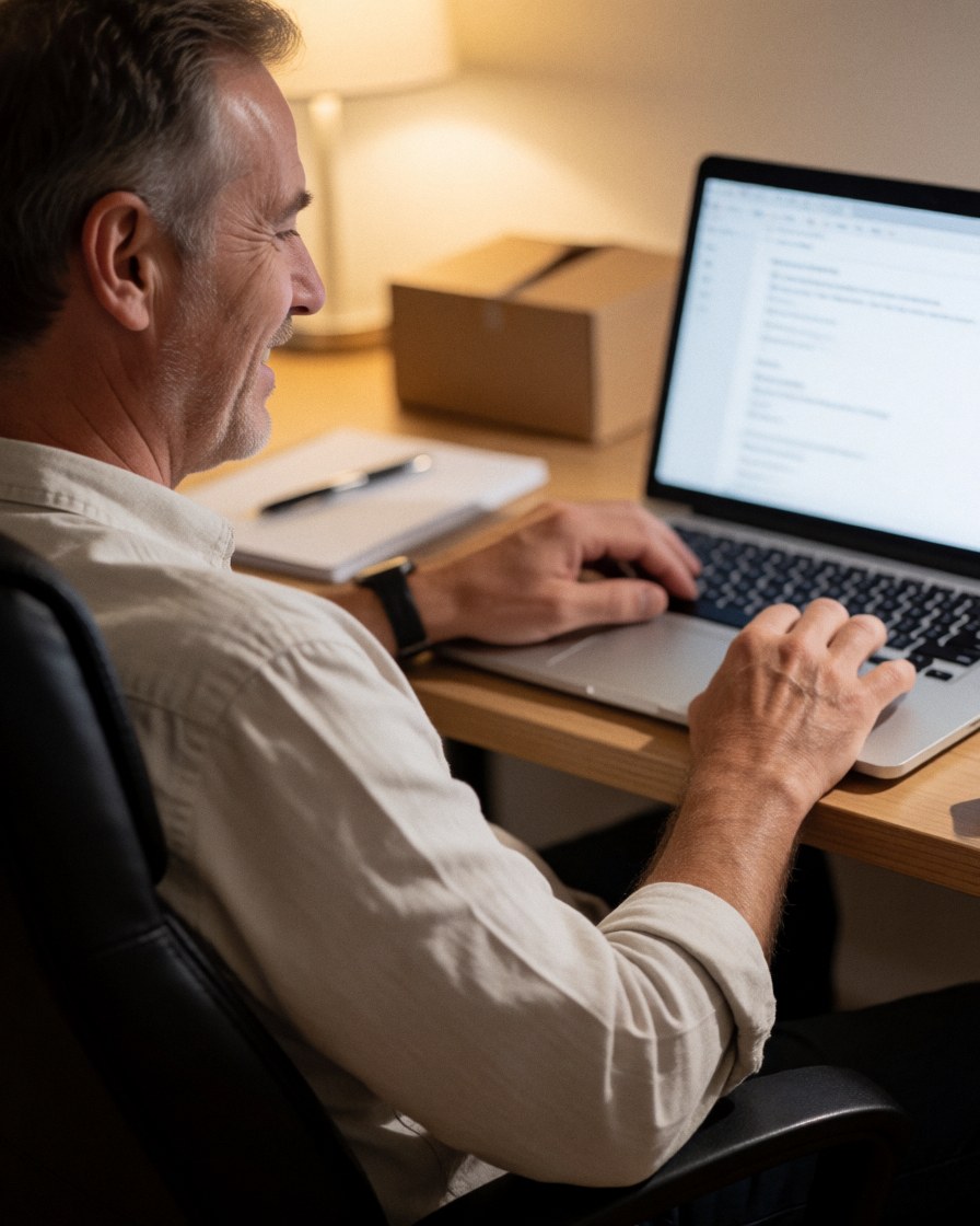 Un homme souriant assis à son bureau examine les détails de ses finances sur un ordinateur portable dans un environnement de travail lumineux.