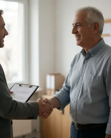 Un client et un comptable sourient en se serrant la main dans un bureau professionnel, tenant un document dans une chemise près d'une fenêtre.
